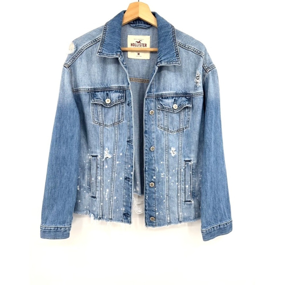 Hollister Denim Jacket Medium Distressed Cropped Blue Jean Trucker Cotton Casual